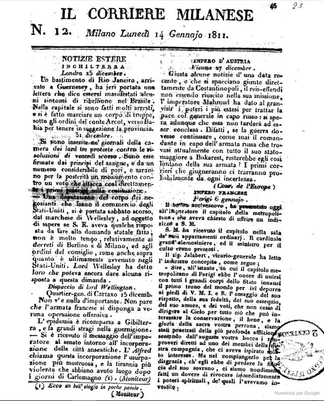 Corriere Milanese 14 gennajo 1811